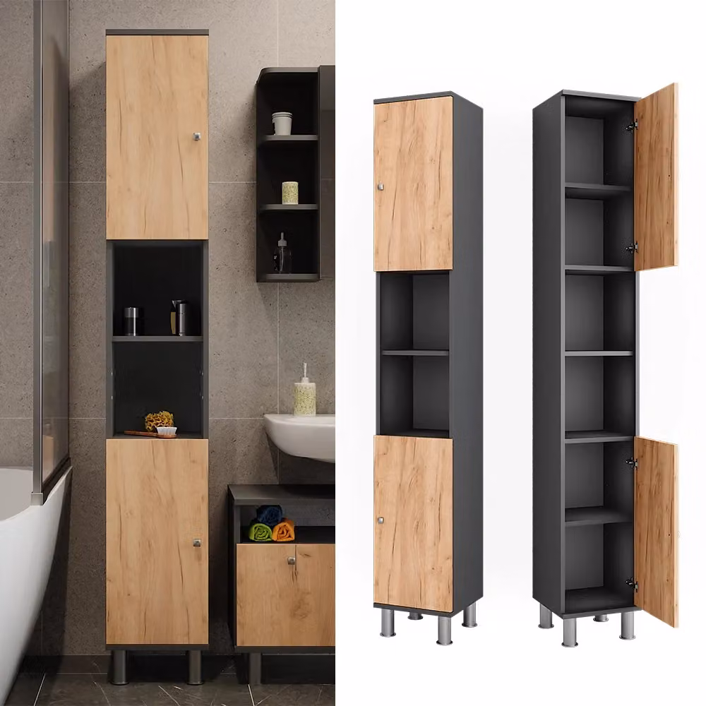 Mobile alto Vicco Fynn Antracite e Rovere dorato con ripiani e ante con scaffale aperto L: 30 cm, H: 190 cm – 2
