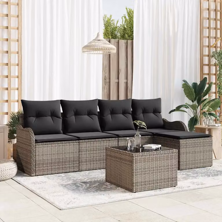 Set Divano da Giardino vidaXL 6 Pezzi a Forma di L con Cuscini Grigio o Nero in Polyrattan e Acciaio