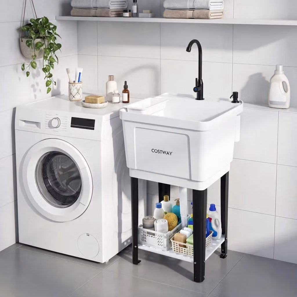Lavandino da esterno Outsunny in plastica bianca con rubinetto girevole a 360 gradi, distributore di sapone, vassoio di raccolta e ripiano inferiore L/P/H: 49 x 40 x 30 cm – 2