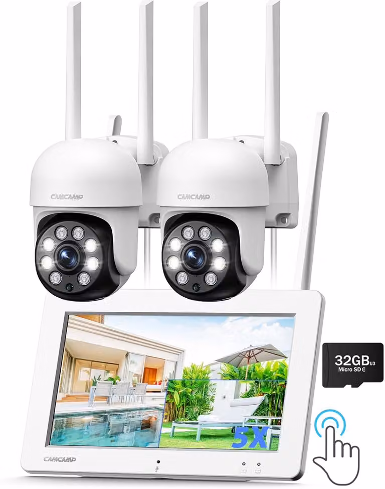 Telecamera di sicurezza da esterno da 3MP con monitor, telecamera di sicurezza wireless con monitor NVR touchscreen da 7", telecamera di sicurezza 2K con monitor e scheda microSD da 32 GB