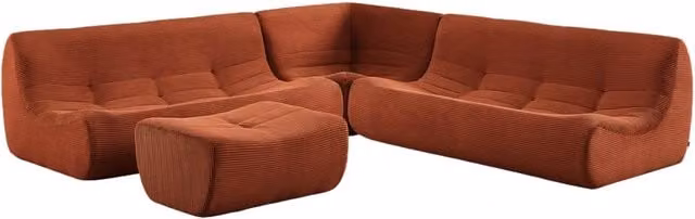 Divano angolare modulare Sweeek in velluto rosso e arancione con poggiapiedi coordinato L/P/H: 250 x 105 x 72 cm