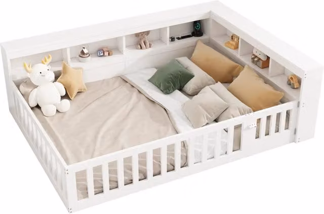 Letto a Divanetto Singolo con Prese USB e Vani Salvaspazio in Tessuto Bianco L/P: 140 x 190 cm
