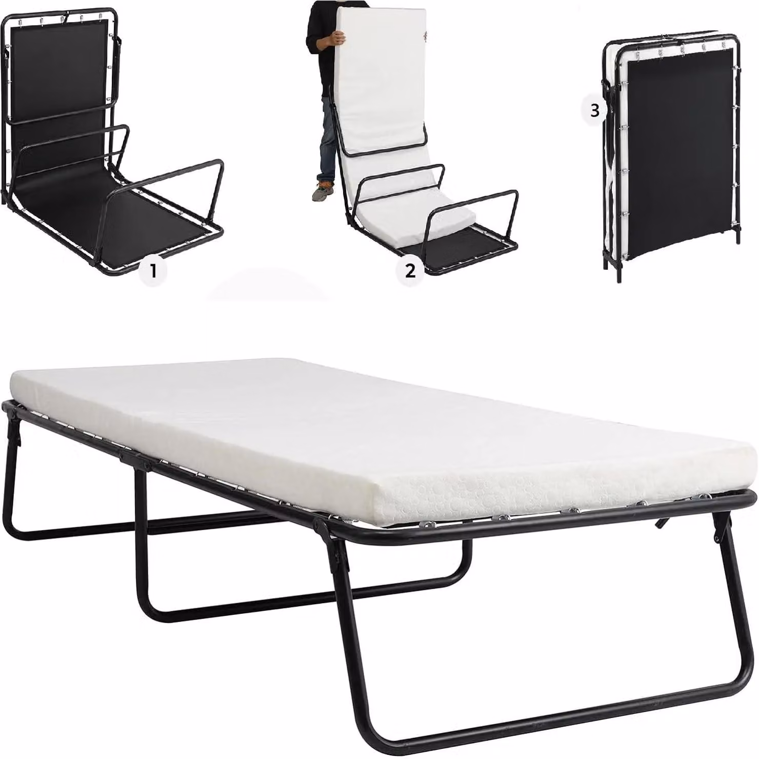 Letto pieghevole con materasso - Letto per ospiti 190 x 80 cm - Materasso in memory foam da 7 cm - Portatile - Struttura in metallo - Spazio contenitivo - Struttura nera