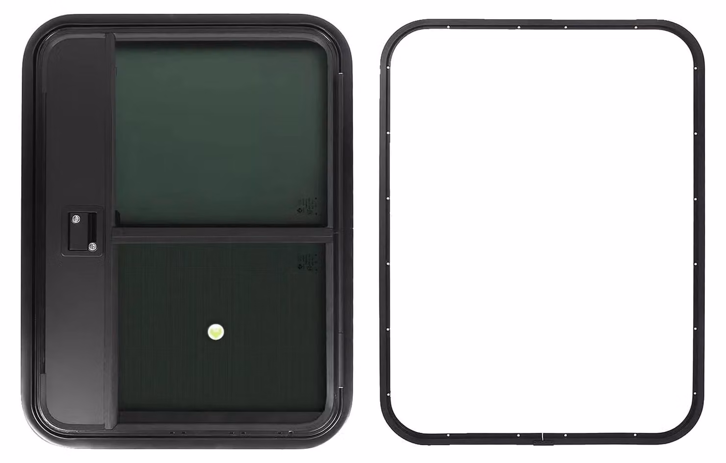 Porta per camper, realizzata in vetro di sicurezza, con zanzariera integrata. La porta si apre verso destra