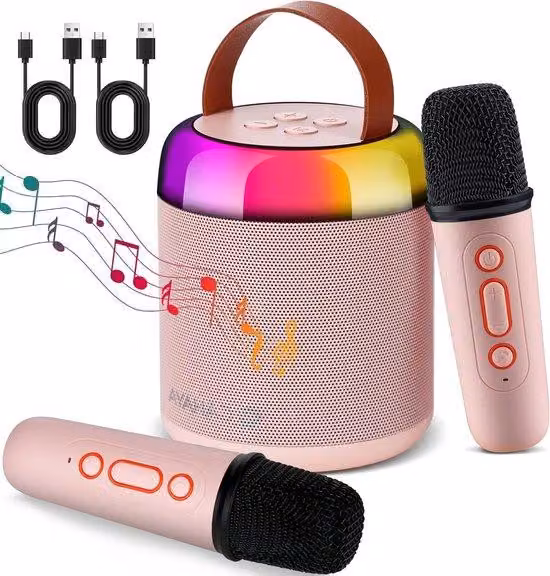 Kit karaoke con altoparlante Bluetooth e 2 microfoni per bambini, con luci che cambiano colore ed effetti luminosi – idea regalo per bambine dai 3 ai 12 anni – rosa