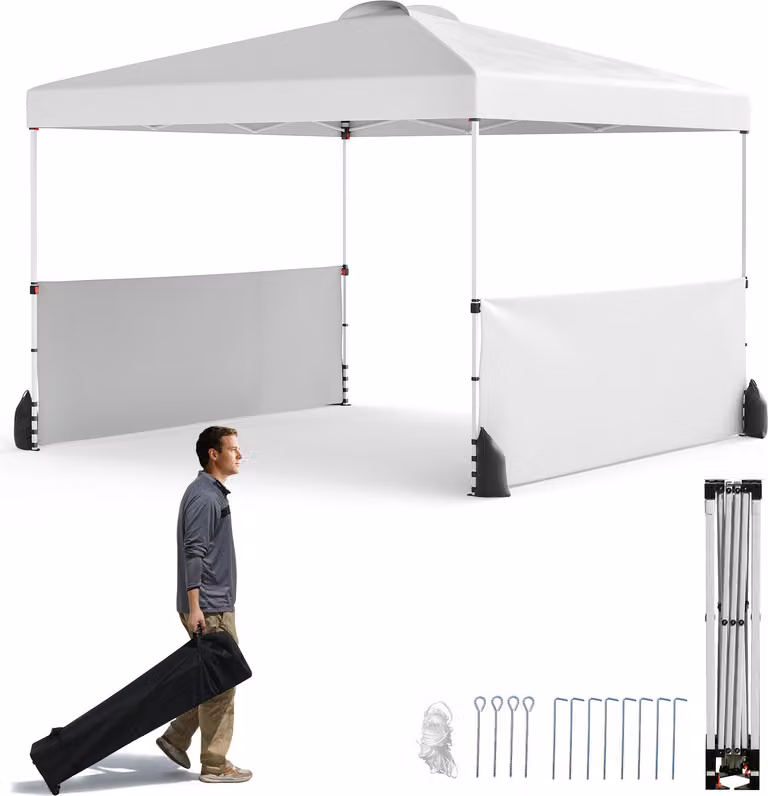 Padiglione pop-up COSTWAY 300 x 300 cm con 2 mezze pareti laterali, borsa per il trasporto con ruote, 8 picchetti, 4 ancore, 4 corde per il vento, 4 sacchi di sabbia
