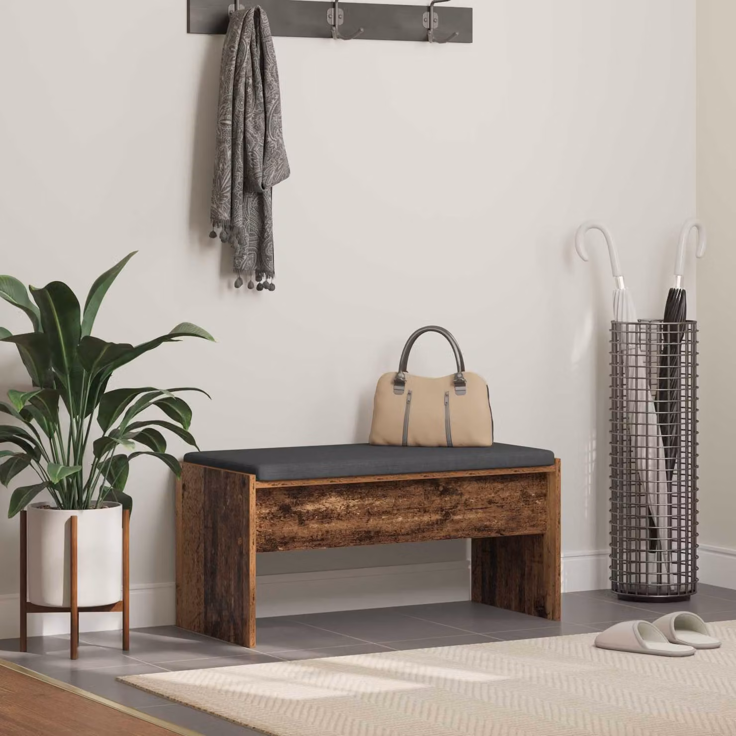 Panca per ingresso vidaXL in legno vecchio con cuscino grigio, L: 83 cm, P: 38 cm, H: 40 cm