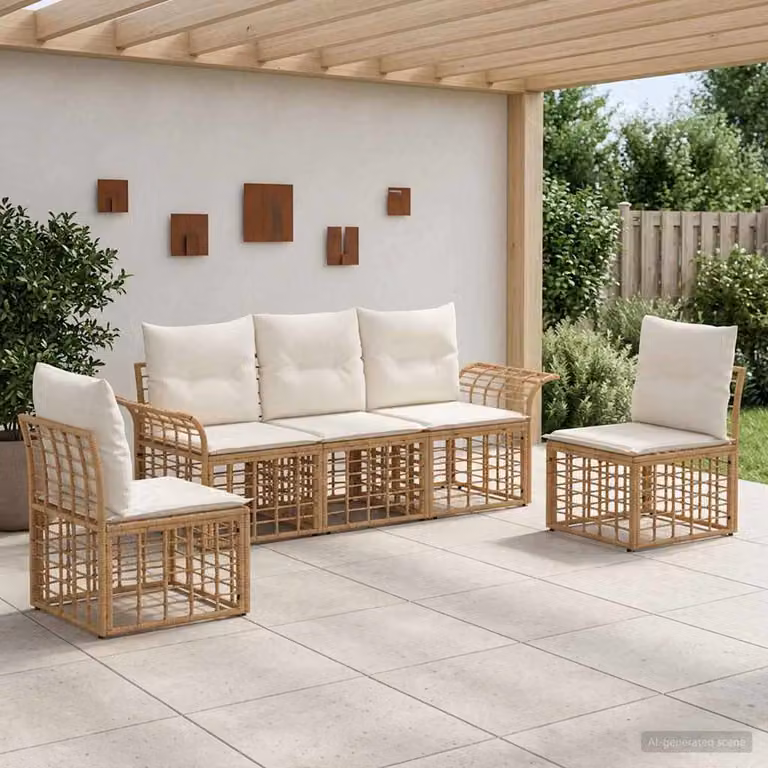 Set di divani da esterno vidaXL 5 pz in stile moderno con struttura in acciaio e cuscini inclusi, colori beige, bianco e marrone