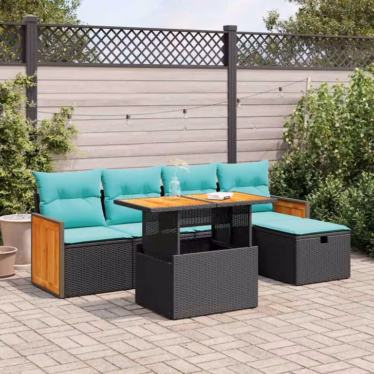 Set Divano da Giardino vidaXL 6 pz in Polyrattan e Legno di Acacia con Cuscini, Colore Nero e Blu