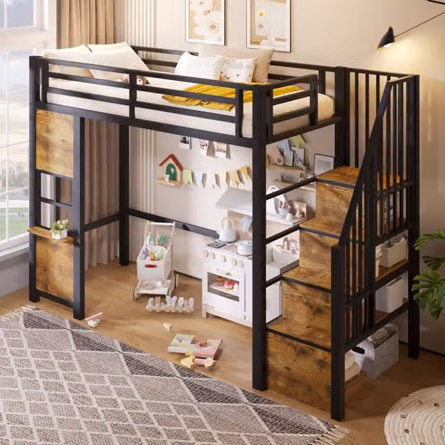 Letto a soppalco per bambini 90 × 200 cm con scala contenitore, mensola e barriere, senza materasso, nero