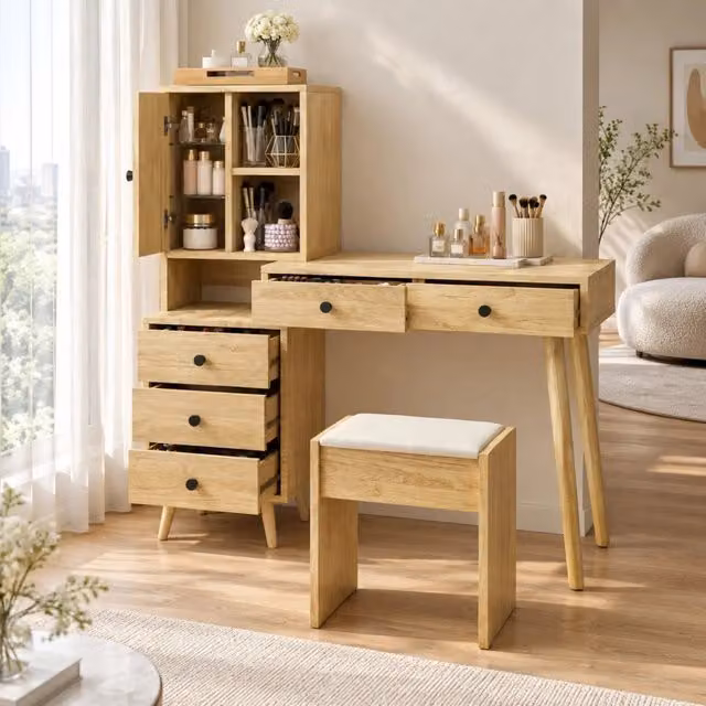 Toeletta 84x40 cm naturale in legno ingegnerizzato, specchio a scomparsa
