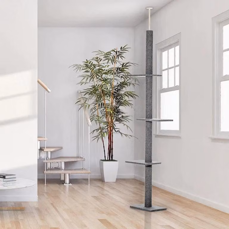 Albero per gatti con tiragraffi a soffitto – 4 piattaforme | Colore: Grigio | Dimensioni: 27x43x228-260 cm