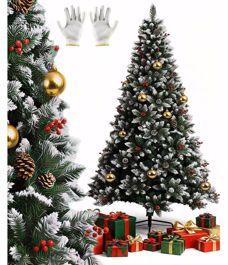 Albero di Natale artificiale, altezza 180 cm, con decorazioni effetto neve e supporto in metallo, 800 punte, colore verde