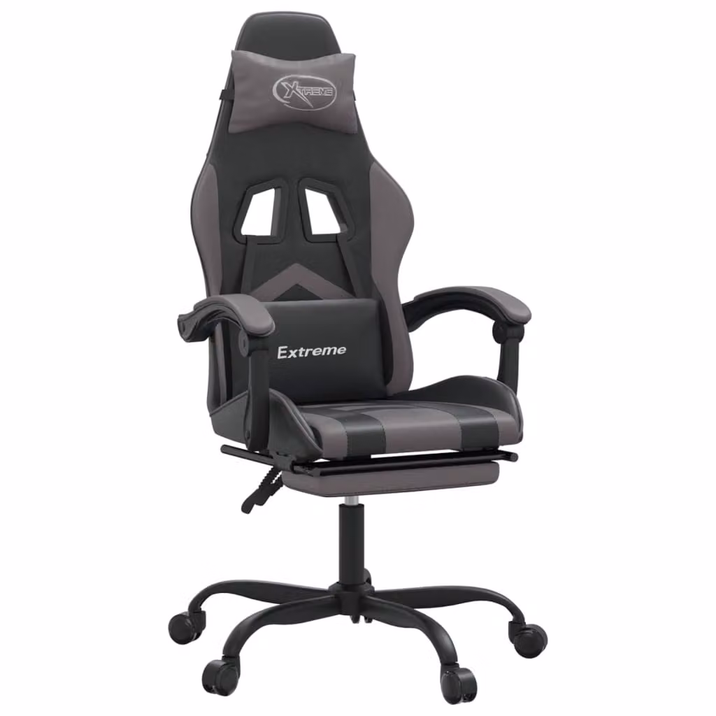 Sedia da Gaming Girevole Poggiapiedi Nero e Grigio Pelle finta