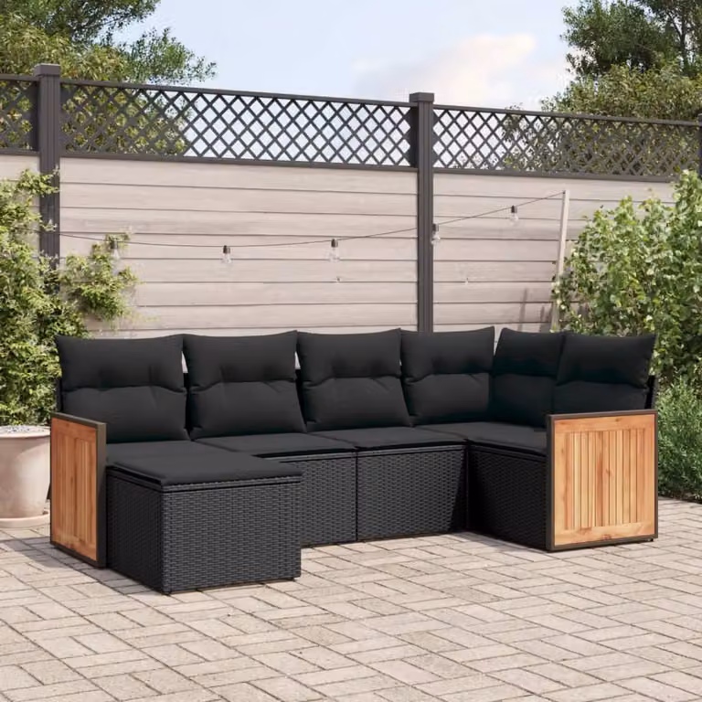 Set Divano da Giardino vidaXL 6 pz a L in Polyrattan Nero con Cuscini e Ottoman