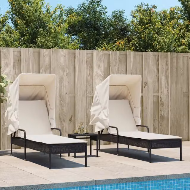 Lettini Prendisole 2 pz con Baldacchino e Tavolino Polyrattan 3261569