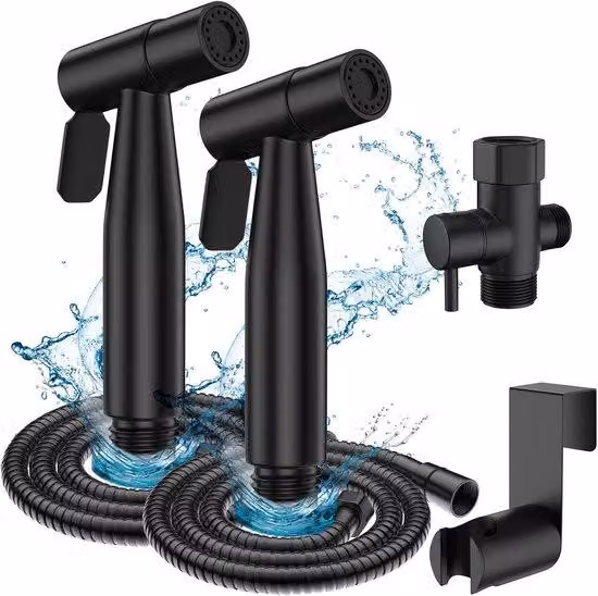 Doccetta bidet portatile con regolazione della pressione – Acciaio inossidabile – Facile da installare (confezione da 2, nero opaco)