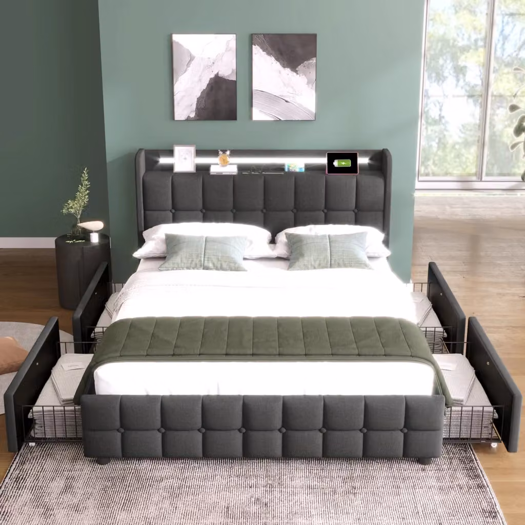 Letto matrimoniale OKWISH moderno in tessuto grigio con 4 cassetti, prese USB, luci LED e ripiani integrati, L/P: 180 x 200 cm – 2