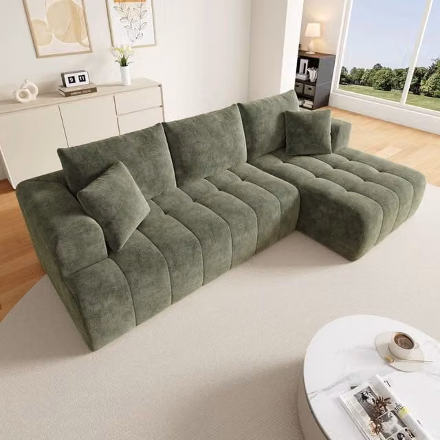 Divano angolare modulare MIVRAY verde con chaise longue e 2 cuscini, design moderno a L con seduta reversibile in tessuto