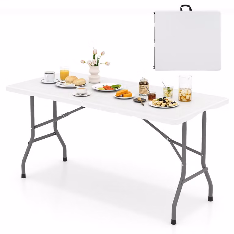 Tavolo da giardino COSTWAY 152x70 cm, tavolo da campeggio pieghevole, tavolo pieghevole con piano in HDPE e maniglia di trasporto, tavolo da balcone/buffet per 4-6 persone, bianco