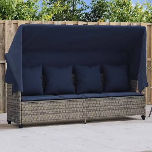 Lettino Prendisole con Baldacchino e Cuscini Grigio Polyrattan 368360