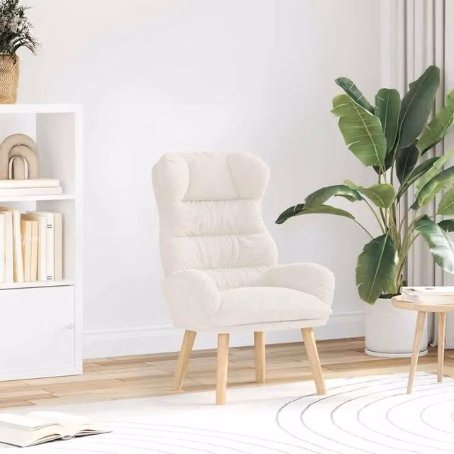 Poltrona Lounge in Tessuto Sherpa Colore Crema con Braccioli e Struttura in Legno, L: 69 cm, P: 74 cm, H: 93 cm