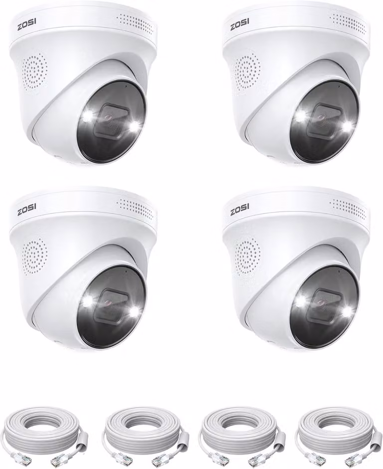 Kit di telecamere di sicurezza 4K PoE, composto da 4 telecamere dome IP PoE per esterni, complete di cavo di rete, con rilevamento persone, visione notturna a colori, audio bidirezionale e allarme con faretto