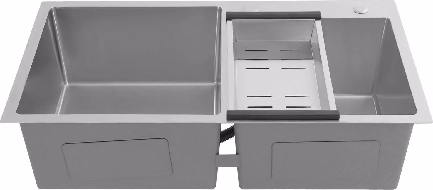 Lavello da cucina in acciaio inossidabile, con due vasche, da incasso o da appoggio, dimensioni 78x43x21 cm, due vasche di dimensioni 37,4x38 cm e 33x33 cm, 2 fori, senza miscelatore, colore argento