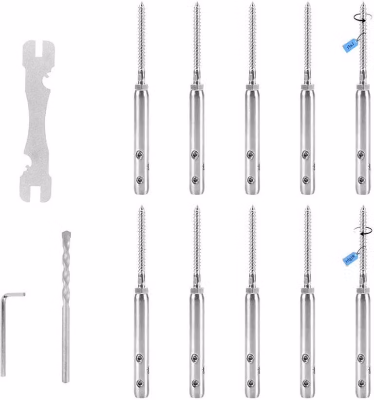 Set di tensionatori per cavi robusti, adatti per fili di recinzione in acciaio inossidabile da 3 mm. Ideali per l'installazione di stendini e fili, il set include 5 tensionatori destri e 5