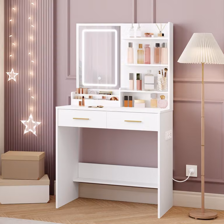 Tavolino da trucco - Tavolino da toilette - Tavolino per il trucco - Tavolino per la bellezza - Tavolino per il trucco professionale - Bianco - Illuminazione LED regolabile