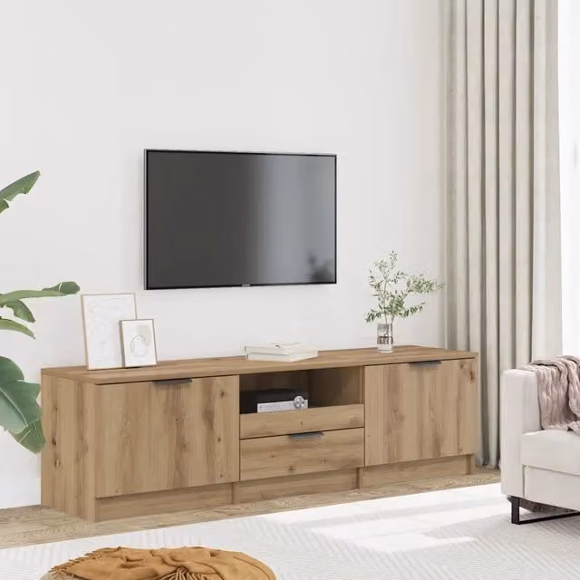 Mobile TV Artisan Rovere Marrone in Legno MDF Moderno L: 140 cm, P: 35 cm, H: 40 cm