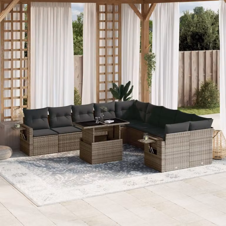 vidaXL Set Divani da Giardino 11 pz in Polyrattan Grigio con Cuscini e Tavolino da Esterno