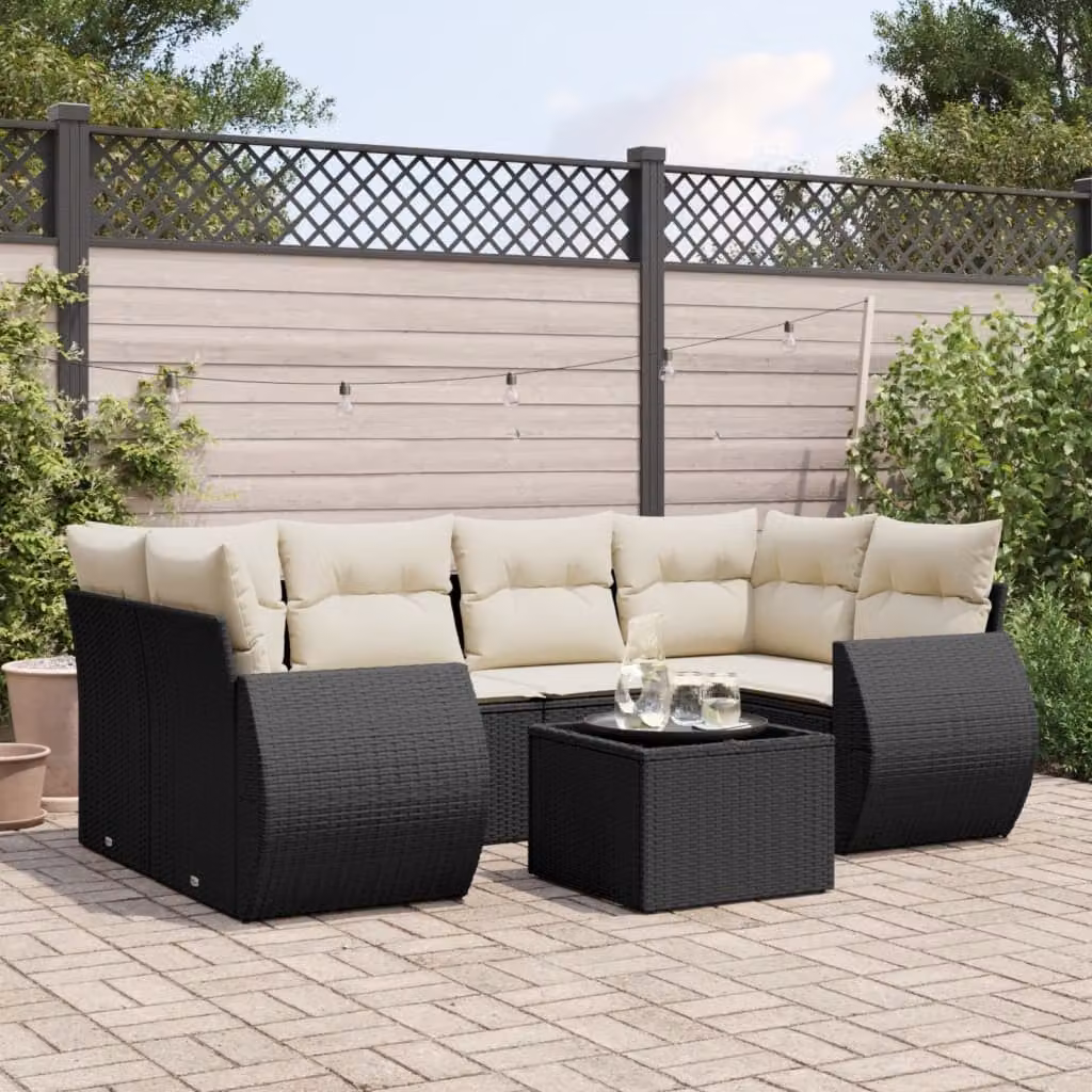 Set Divano da Giardino a L vidaXL in Polyrattan Nero con 7 Cuscini e Tavolino da Esterno – 1