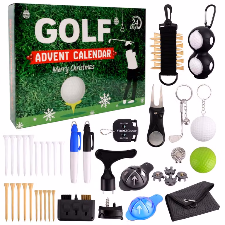Calendario dell'Avvento a tema golf 2025 con accessori da golf per uomo