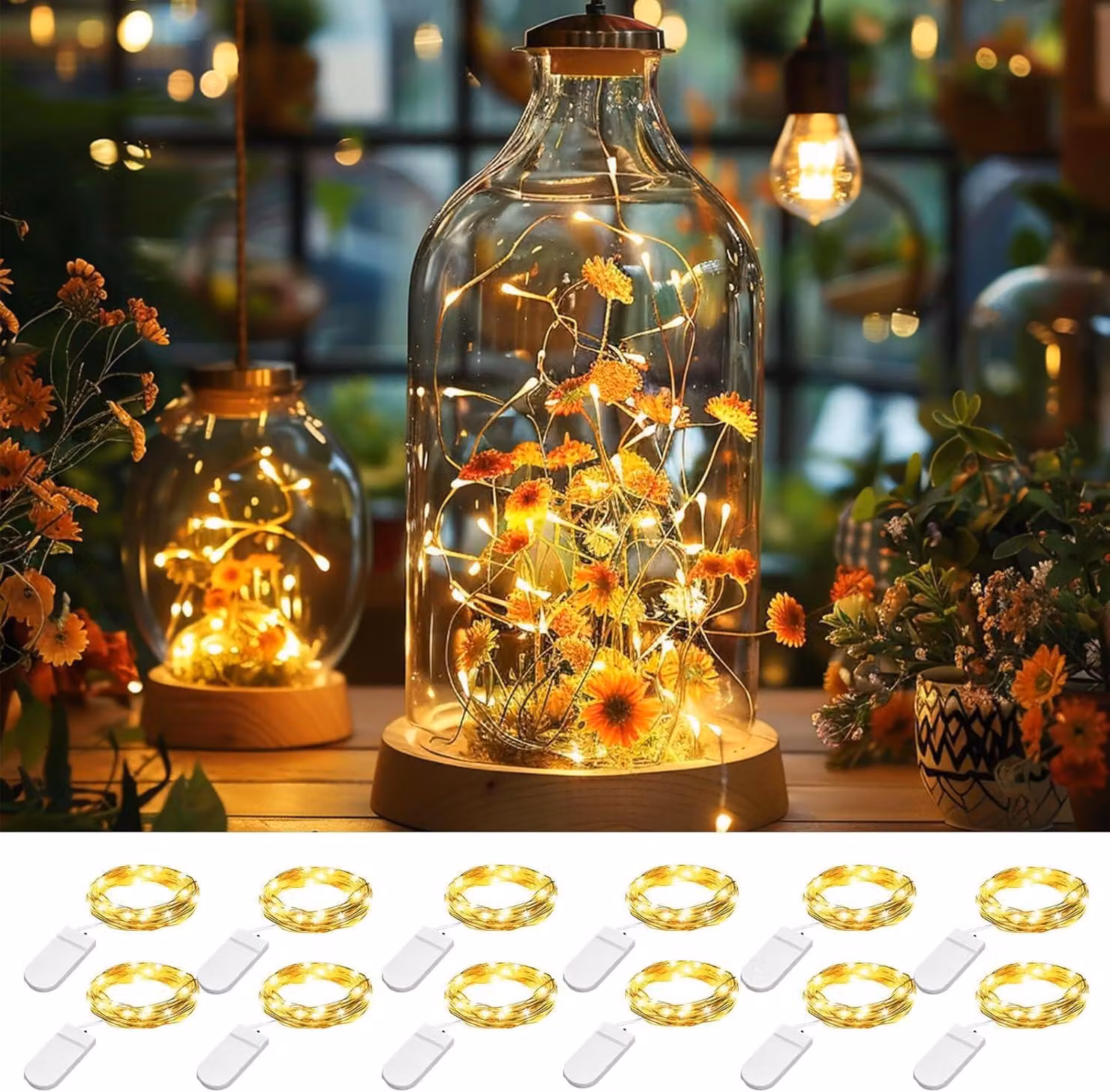 Catena luminosa a LED, 12 luci, 2 metri, luce bianco caldo, filo di rame, alimentazione a batteria