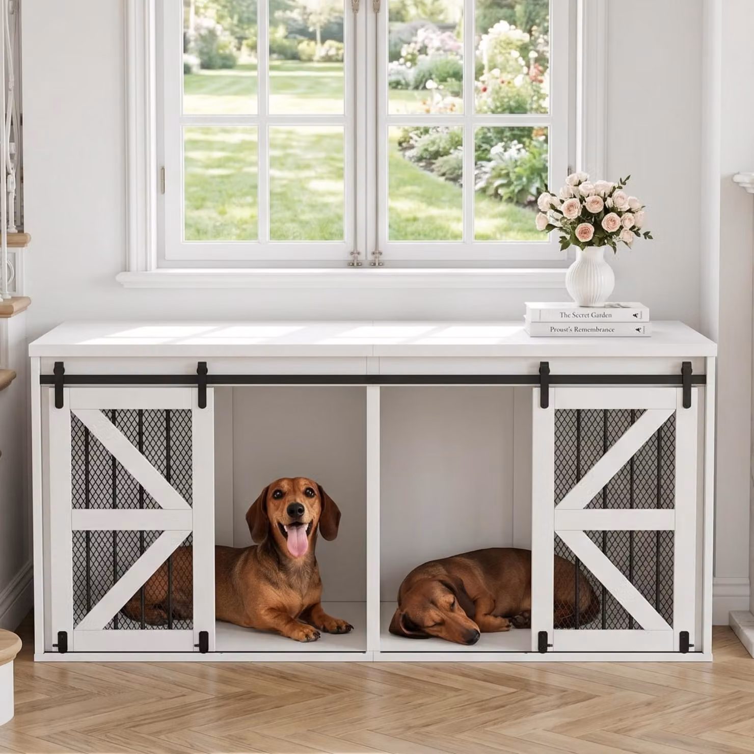 Gabbia per cani Flieks con porte scorrevoli e divisorio, cuccia per cani per 2 cani, mobile contenitore laterale/pensile TV, 160x60x75 cm, bianco