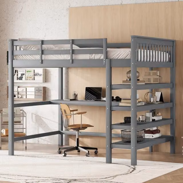 Letto a castello con scrivania - Xylo - 140x200 - Grigio senza materasso