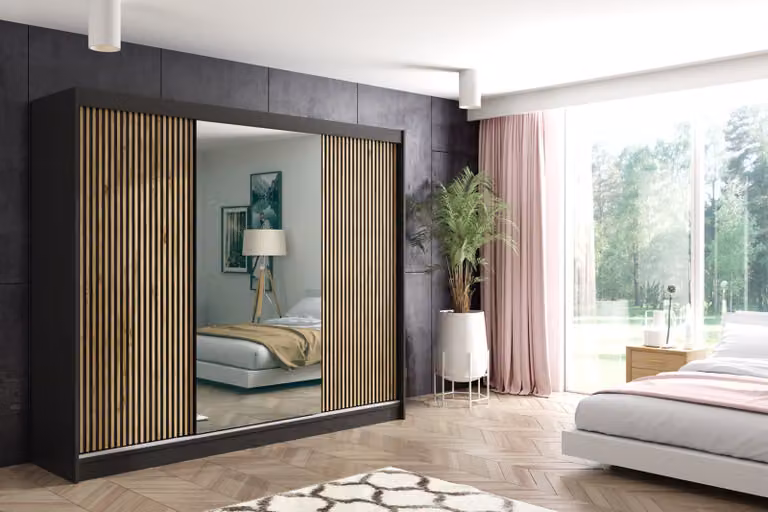 Armadio ALTDECOR con specchio e ante scorrevoli a lamelle, guide con cuscinetti a sfera e listelli in alluminio - VILO - 250 cm - Nero/Lamelle rovere Wotan
