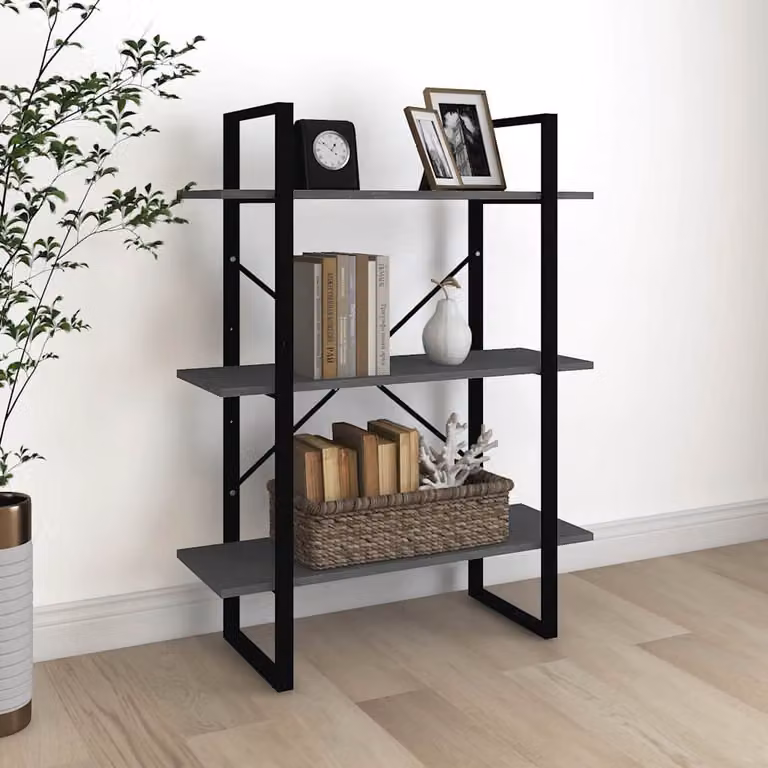 vidaXL Libreria Industrial a 3 Ripiani in Legno di Pino e Metallo Grigia L: 80 cm, P: 30 cm, H: 105 cm
