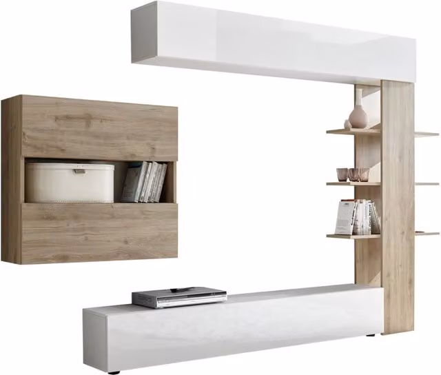 Parete Attrezzata Mobili Soggiorno Mobile TV Libreria 2 Pensili TFT Akira 1 Bianco e Rovere