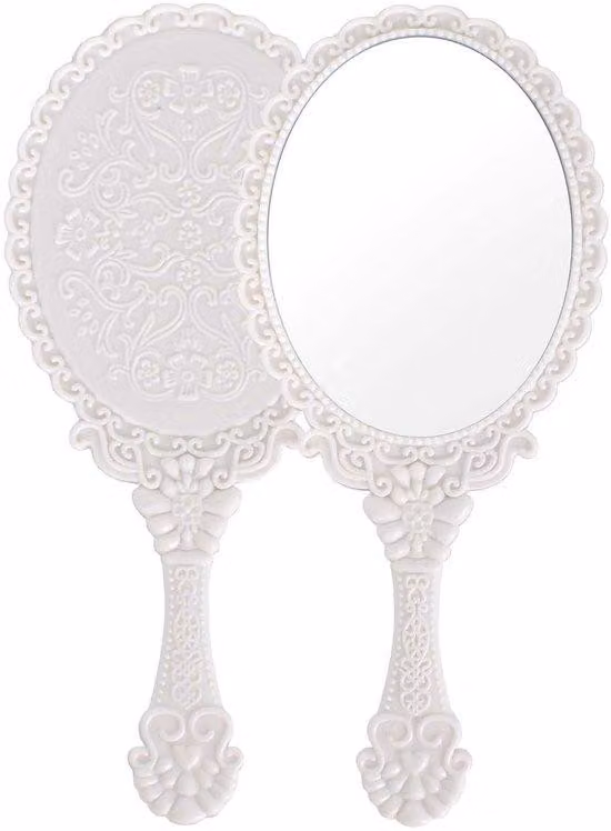 Specchio da trucco portatile con manico, specchi da trucco rotondi, accessori da viaggio, piccoli specchi rotondi (bianchi)
