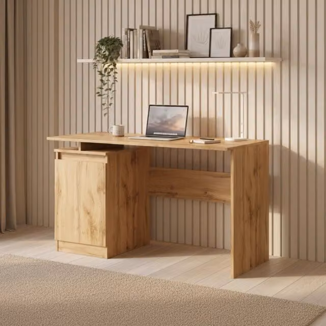 Scrivania moderna Komodee in laminato MDF color quercia e bianco, L: 120 cm, P: 59 cm, H: 73 cm – 1