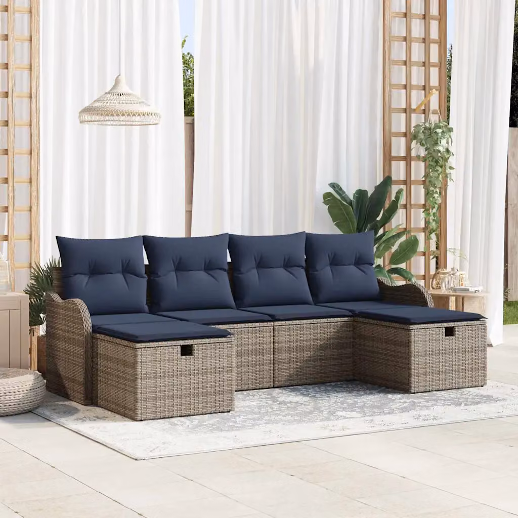 Set di divani da giardino vidaXL a forma di L con 6 posti, colore grigio e blu navy, con struttura in metallo e cuscini inclusi
