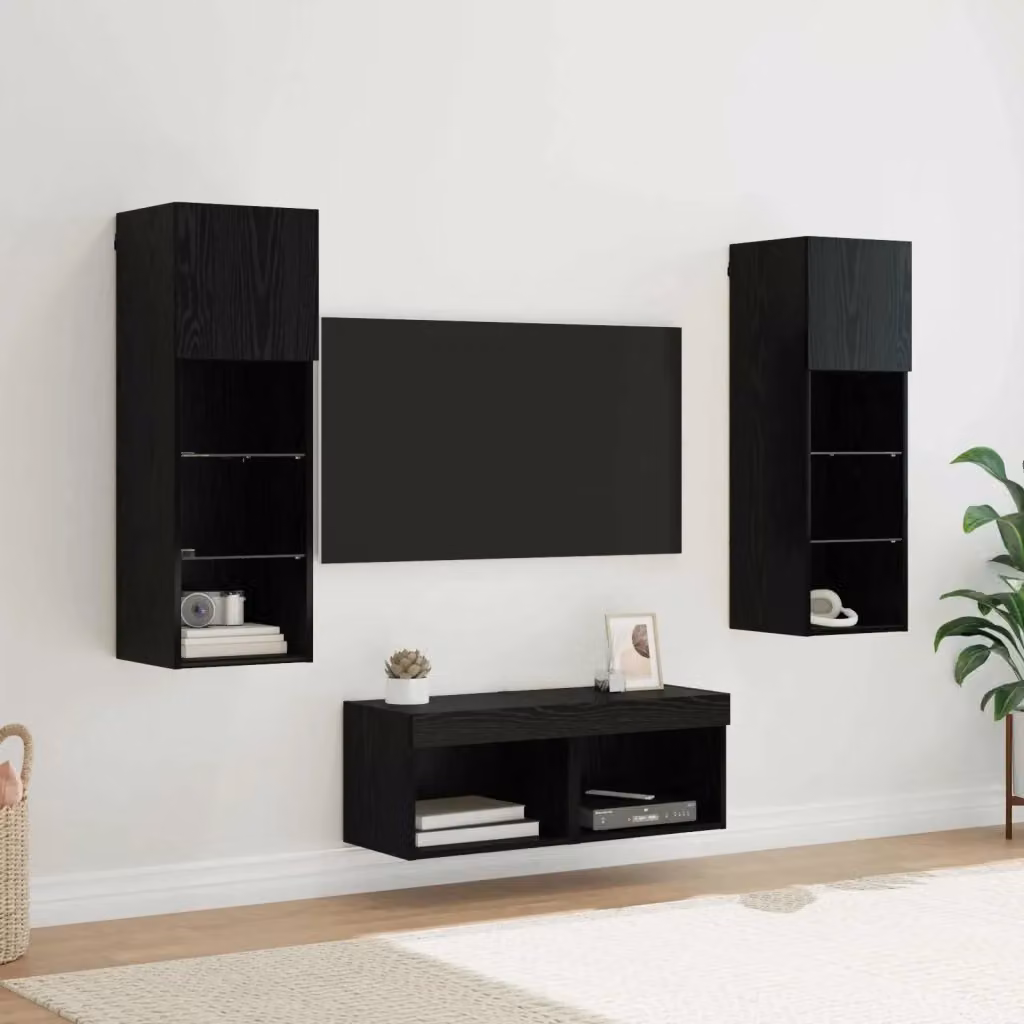 Set di 4 Mobiletti TV da Parete Moderni in Legno Multistrato Rovere e Nero con Illuminazione Integrata e Compartimenti Media – 2