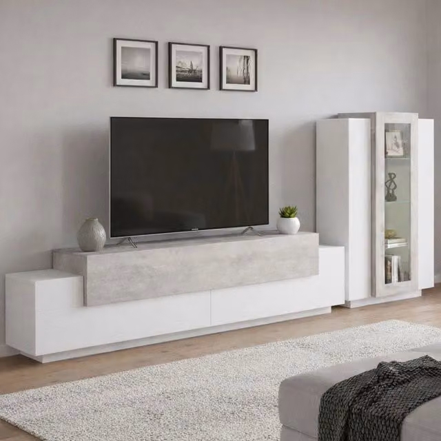 Parete attrezzata da soggiorno Anisia DMORA con illuminazione LED integrata, design moderno in finitura bianco lucido e cemento, L: 290 cm, H: 121 cm, P: 45 cm