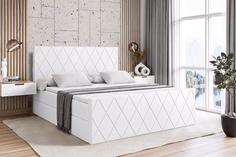 Letto boxspring ALTDECOR con pediera, materasso H3 e topper - 160x200 cm - LEPARO-Z - Ecopelle bianca - Letto imbottito con contenitore e rete a doghe, letto con spazio di stivaggio