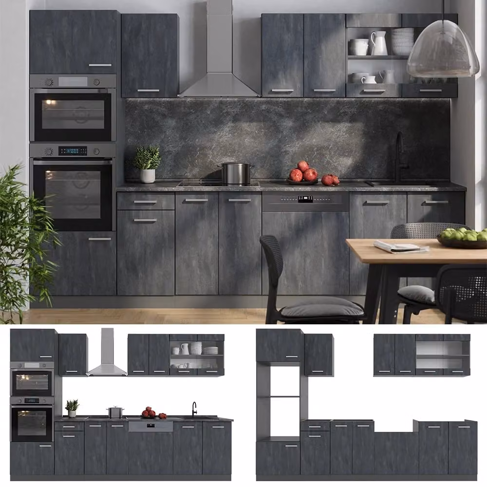 Cucina componibile moderna R-Line Vicco, Calce nera e Antracite con Rovere, L: 300 cm – 2