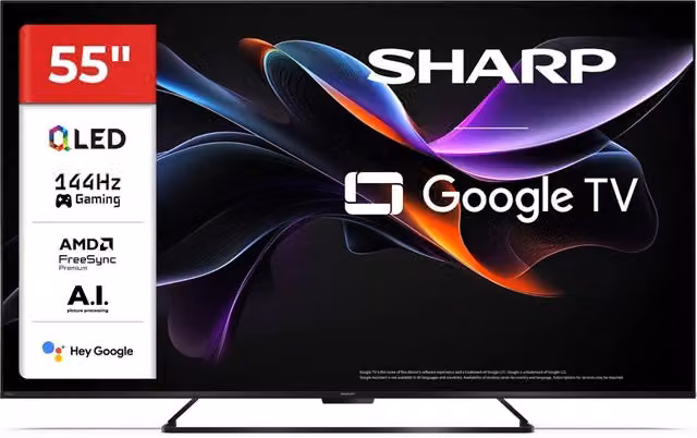 Smart TV Sharp 55HR7265E QLED 4K UHD da 55 pollici, Google TV, 144Hz, AI, Frameless, Black