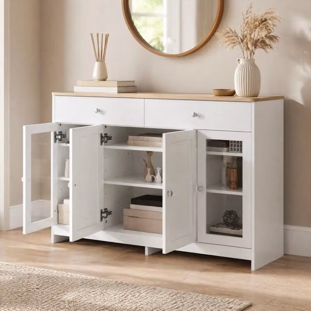 Credenza 120x37x80 cm bianca effetto legno – 4 ante, 2 cassetti, ante in vetro