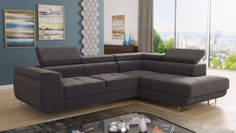 Divano angolare Caris con funzione letto e poggiatesta regolabili, salotto componibile, divano letto, divano, divano letto (grigio (Kronos 22), divano angolare destro)